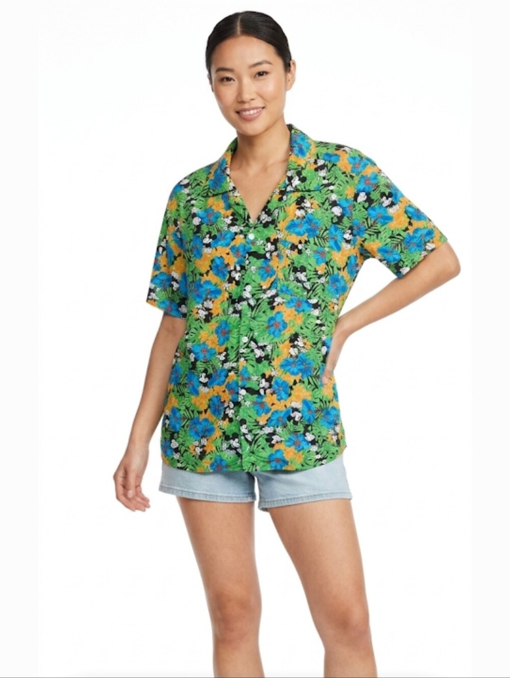 Disney Mickey Mouse Tropical Floral Hawaiian Button-Down Shirt
